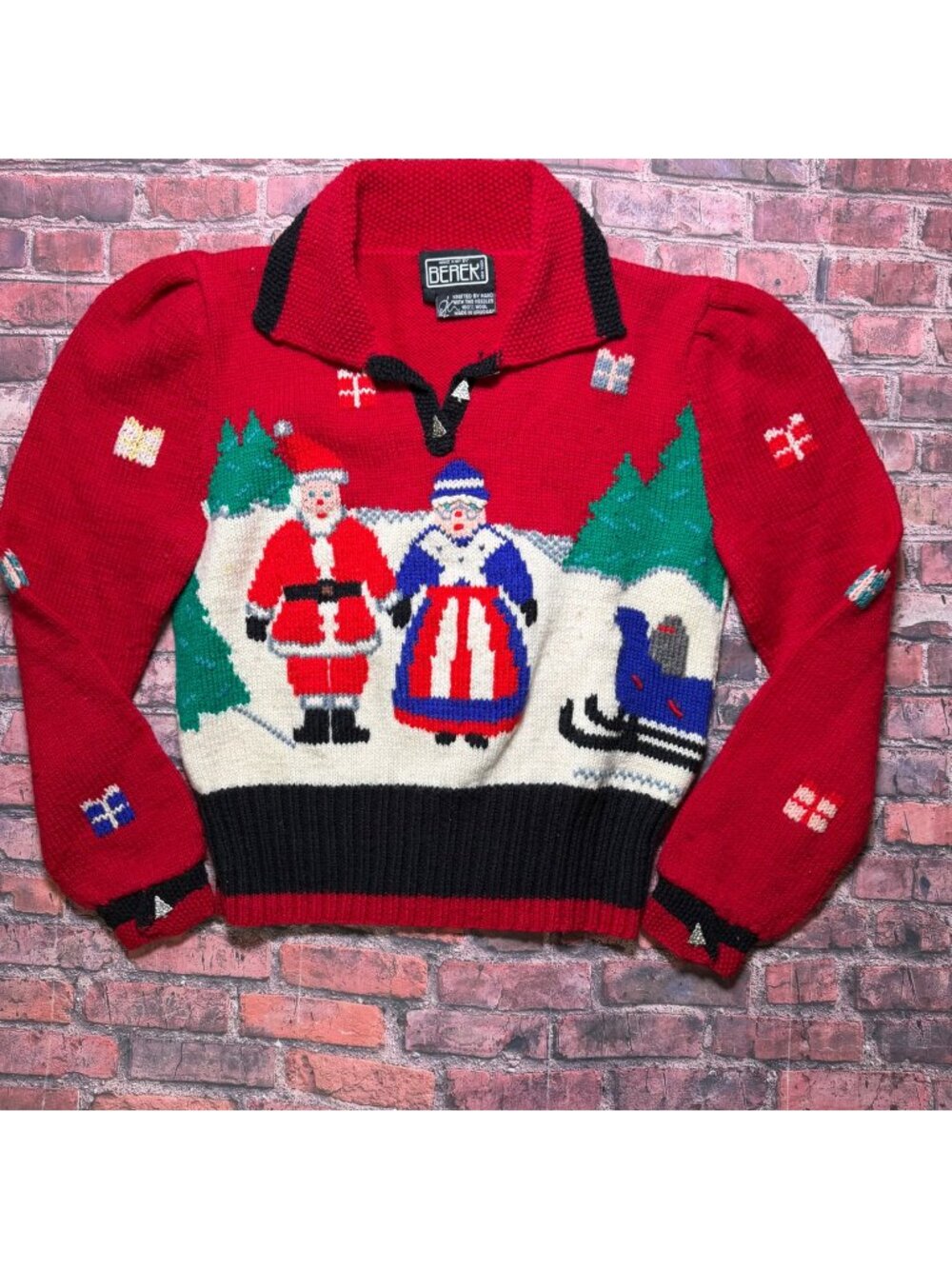 Vintage Berek Hand Knitted Wool Christmas Sweater Santa and Mrs Claus Small